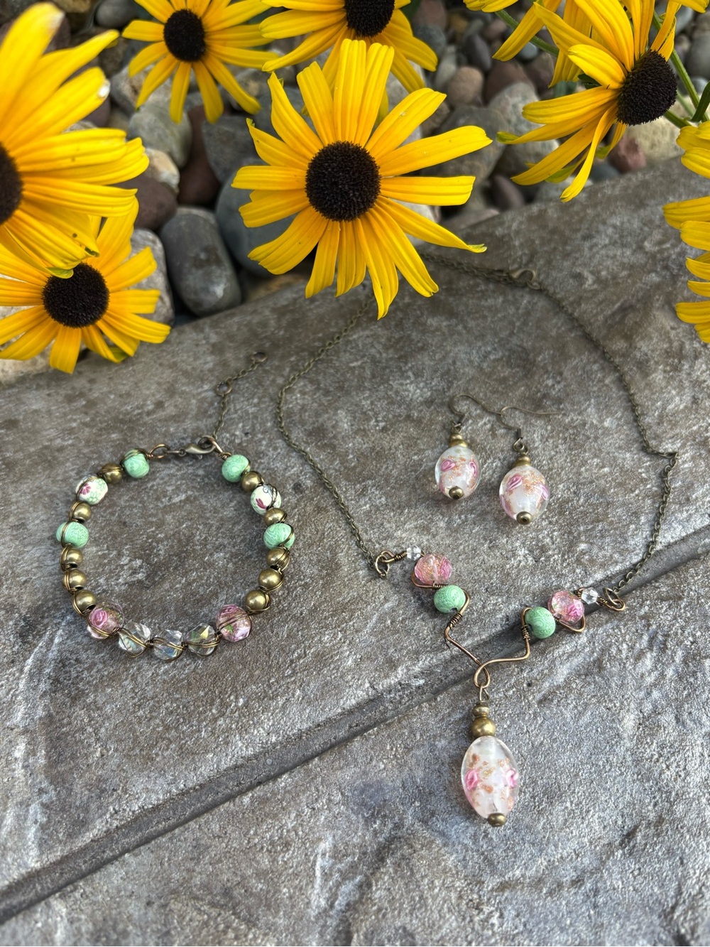 Handmade Pink & Mint Beaded Necklace, Bracelet & Earring Set